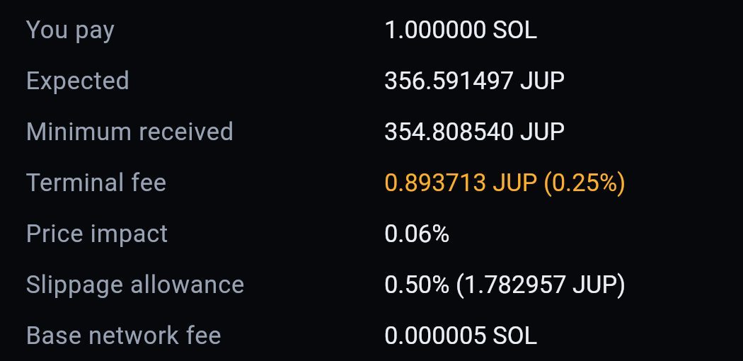 Swap breakdown: terminal fee as an amount of the received token, minimum received, slippage and network fee