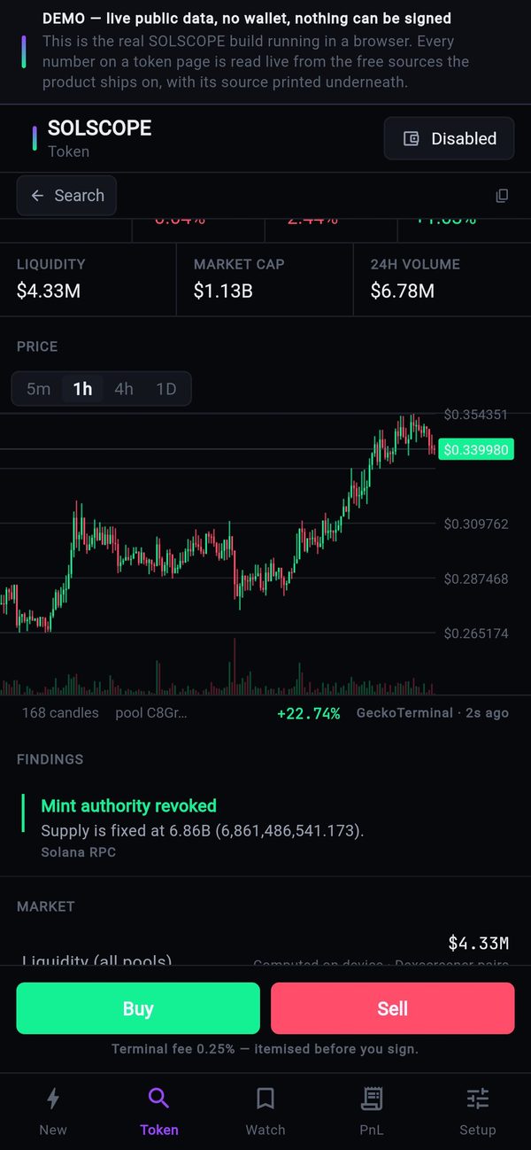SOLSCOPE on a phone: candle chart for a token
