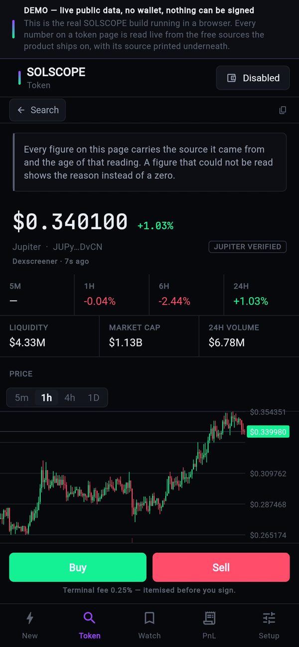 SOLSCOPE on a phone: JUP price, liquidity, market cap and Buy / Sell buttons