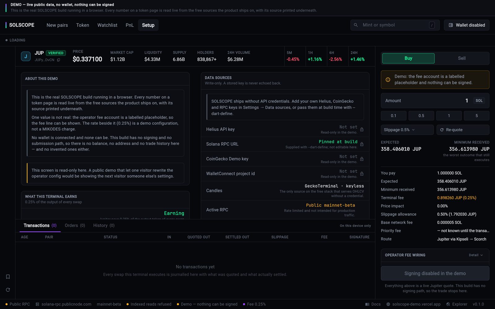 SOLSCOPE Setup tab in the live demo: About this demo, Data sources with key status, and What this terminal earns